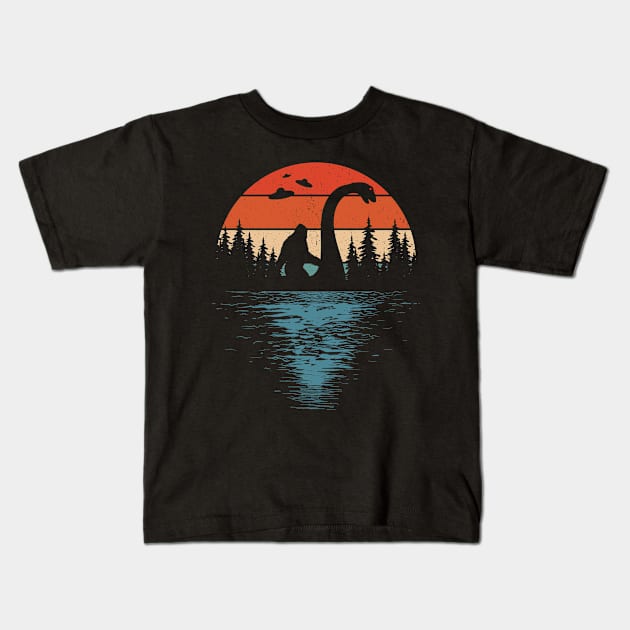 Bigfoot Riding Loch Ness Monster Kids T-Shirt by Tesszero